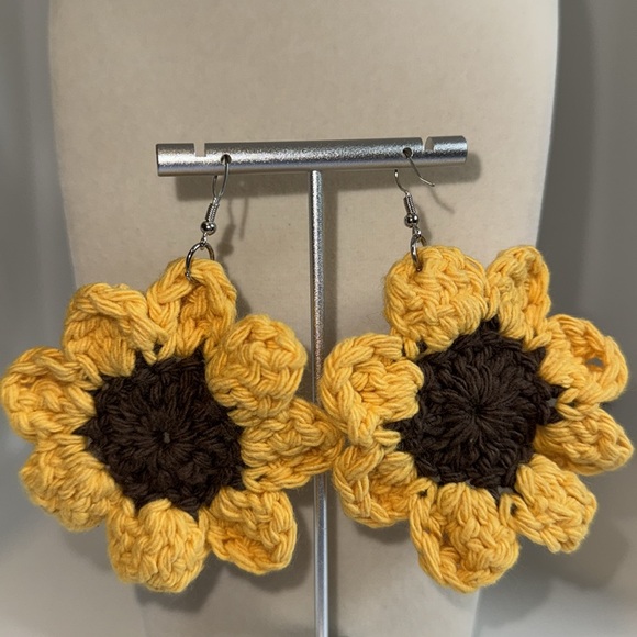 Sunflower Crochet Earrings Pierced w French Hooks Yellow & Brown - Picture 3 of 7